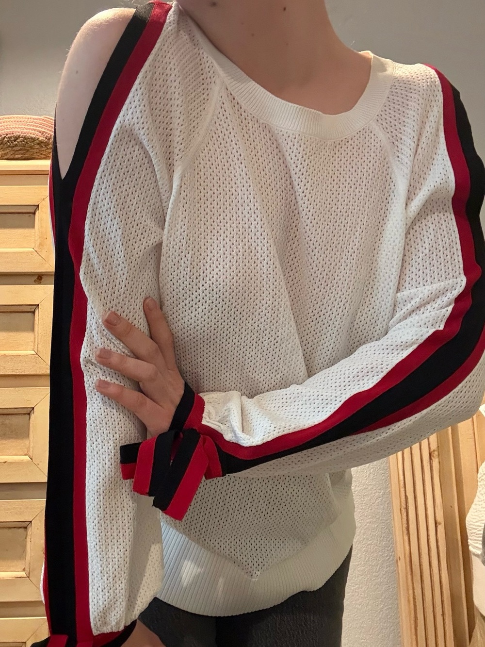 INC Cold-Shoulder Knit Sweater with Red & Black Stripes